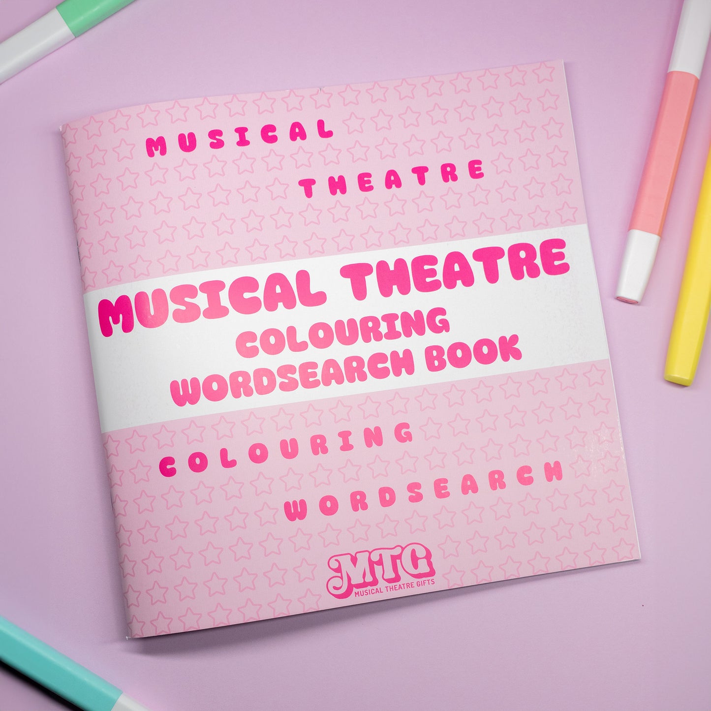 Musical theatre colouring word search book cover