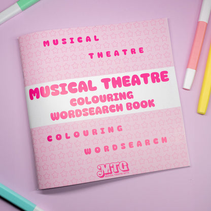 Musical theatre colouring word search book cover